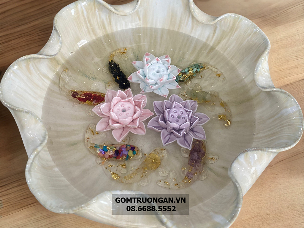 Bát thả hoa thần tài đường kính 24cm men hỏa biến hoàng thổ kèm chân đế(không bao gồm sen sứ) 5